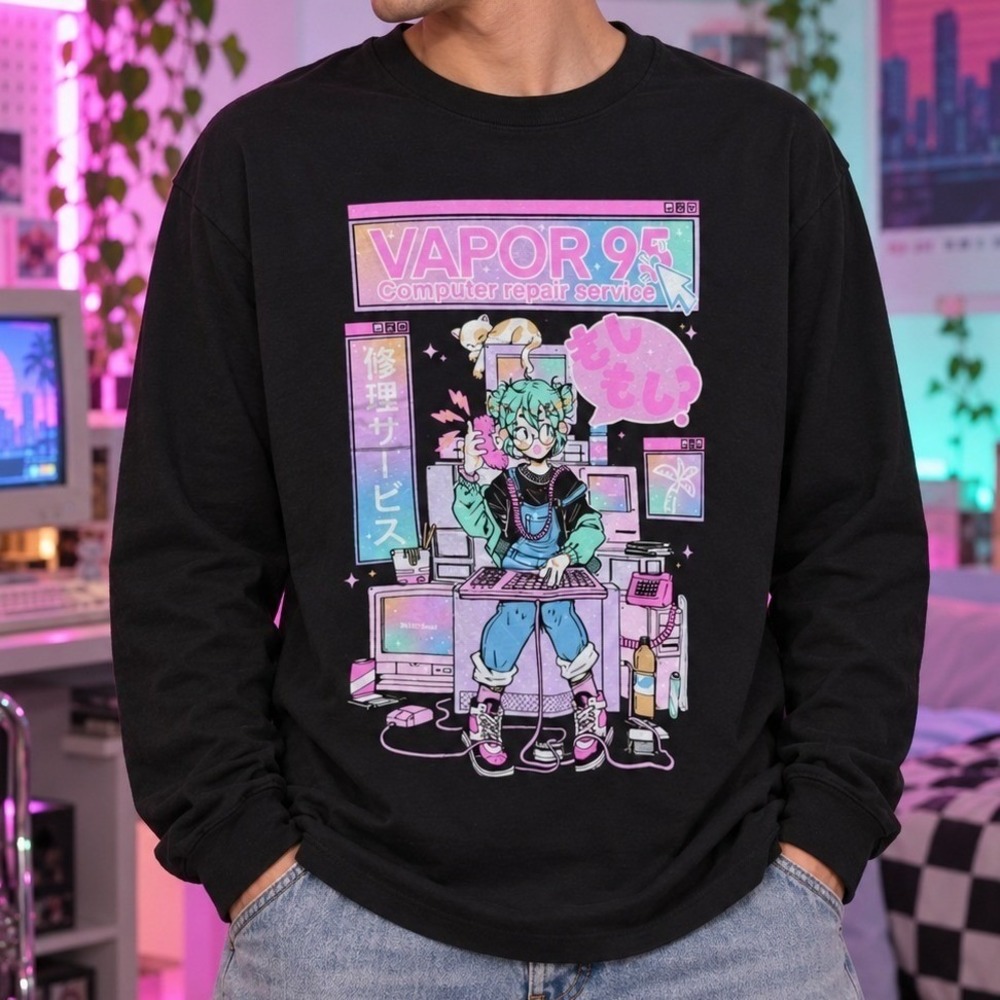Vapor95 Computer Repair Service Long Sleeve Tee Mens M/L Anime Graphic